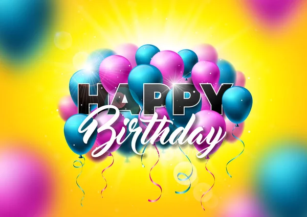 Happy Birthday Vektor Design mit Luftballon, Typografie und fallendem Konfetti auf leuchtend gelbem Hintergrund. Illustration für Geburtstagsfeier. Grußkarten oder Parteiplakate. — Stockvektor