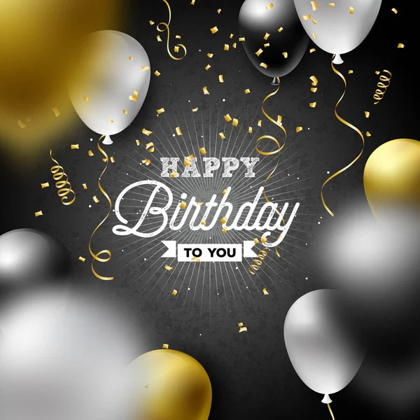Happy Birthday Vektor Design mit Luftballon, Typografie und fallendem Konfetti auf dunklem Hintergrund. Illustration für Geburtstagsfeier. Grußkarten oder Parteiplakate. — Stockvektor