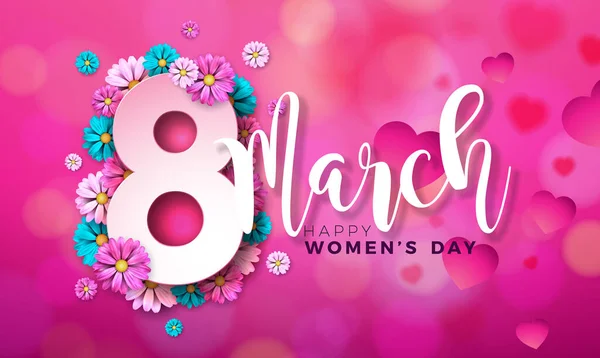 3月8日祝您节日快乐鲜花贺卡。具有粉色背景花卉设计的国际假日图解。矢量弹簧模板. — 图库矢量图片