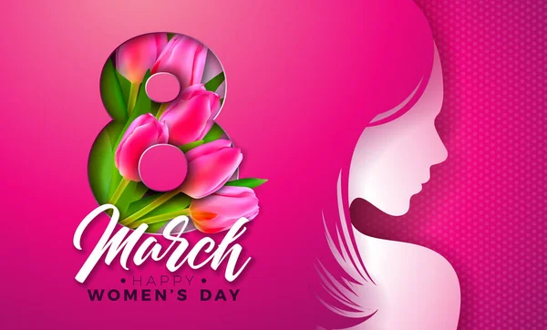 8 Μαρτίου. Γυναικών μέρα σχεδιασμό ευχετήρια κάρτα με νεαρή γυναίκα σιλουέτα και λουλούδι τουλίπα. Εικονογράφηση διεθνή γυναικεία διακοπών με την τυπογραφία επιστολή σε ροζ φόντο. Πρότυπο διάνυσμα Calebration. — Διανυσματικό Αρχείο