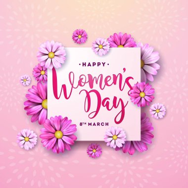 8 Mart. Mutlu Kadınlar Günü Çiçek Kutlama Kartı. Pembe Arkaplanda Çiçek Tasarımlı Uluslararası Tatil Resimleri. Vektör Yay Şablonu.