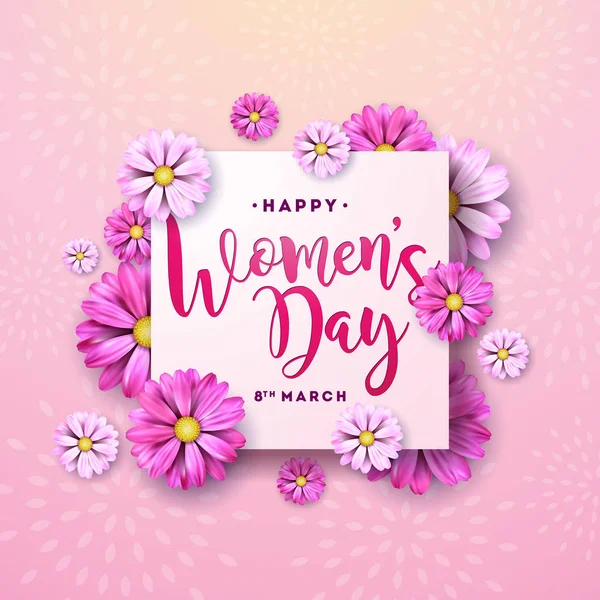 8 марта. Поздравительная открытка на День Женщин. Международный праздник с цветочным дизайном на розовом фоне. Векторная пружина. — стоковый вектор