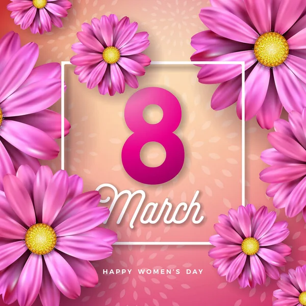 8 Μαρτίου. Χαρούμενη Ημέρα της Γυναίκας Floral Ευχετήρια κάρτα. Διεθνής απεικόνιση διακοπών με το σχέδιο λουλουδιών σε ροζ φόντο. Πρότυπο διανύσματος άνοιξη. — Διανυσματικό Αρχείο