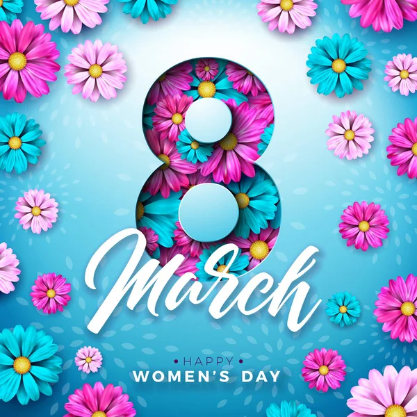 8 Μαρτίου. Γιορτή Ημέρα των Γυναικών Σχεδιασμός με λουλούδι και τυπογραφία Γράμμα σε μπλε φόντο. Διάνυσμα Διεθνές πρότυπο εικονογράφησης διακοπών για Banner, Flyer, Πρόσκληση, Αφίσα ή ευχετήρια κάρτα. — Διανυσματικό Αρχείο