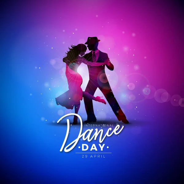 Международный день танца "Вектор" с танцевальной парой танго на блестящем цветовом фоне. Шаблон дизайна баннера, флаера, приглашения, брошюры, плаката или поздравительной открытки . — стоковый вектор