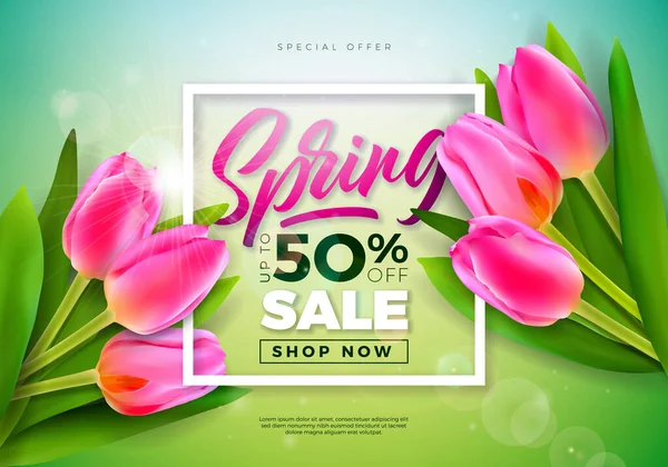 Spring Sale Design Template with Tulip Flowers and Typography Letter on Green Background Vector Special Offer Illustration for Coupon, Banner, Voucher or Promotional Poster. — стоковий вектор