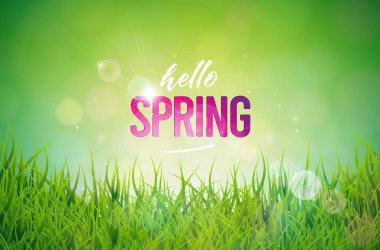 Yeşil Çimlerin Parlak Arkaplanda Olduğu Bir Bahar Doğası Teması Üzerine Vektör İllüstrasyonu. Banner, Flyer, Davetiye, Poster veya Tebrik Kartıyla Çiçek Tasarım Şablonu.