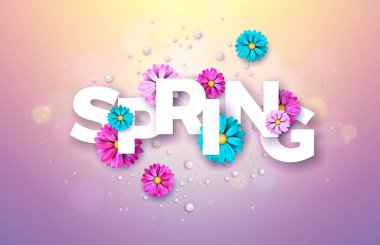 Parlak Violet Arkaplanda Güzel Renkli Çiçekli Bahar Doğası Tasarımı. Banner, Flyer, Davetiye, Poster veya Tebrik Kartı İçin Tipografi Mektubu ile Vektör Çiçek İllüstrasyon Şablonu.