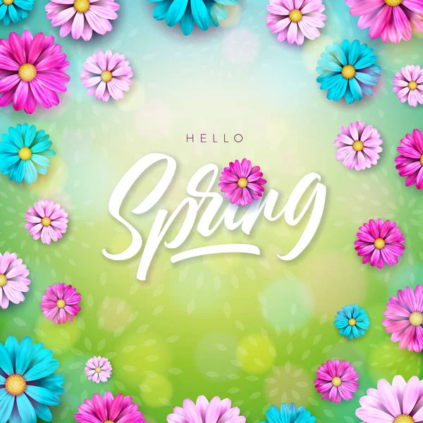 Vector Illustration on a Spring Nature Theme with Beautiful Colorful Flower on Green Background. Floral Design Template with Typography Letter for Banner, Flyer, Invitation, Poster or Greeting Card. — Stock Vector