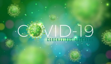 Covid-19. Yeşil Arkaplanda mikroskobik görüntüde Virüs Hücresi ile Coronavirus Salgını Tasarımı. Promosyon Bayrağı veya Flyer için Tehlikeli SARS Salgın Teması Vektör İllüstrasyon Şablonu.