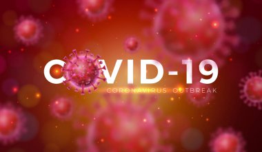 Covid-19. Kırmızı Arkaplanda mikroskobik görüntüde Virüs Hücresi ile Coronavirus Salgını Tasarımı. Promosyon Bayrağı veya Flyer için Tehlikeli SARS Salgın Teması Vektör İllüstrasyon Şablonu.