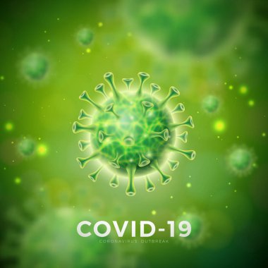 Covid-19. Yeşil Arkaplanda mikroskobik görüntüde Virüs Hücresi ile Coronavirus Salgını Tasarımı. Promosyon Bayrağı veya Flyer için Tehlikeli SARS Salgın Teması Vektör İllüstrasyon Şablonu.