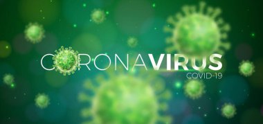 Covid-19. Yeşil Arkaplanda mikroskobik görüntüde Virüs Hücresi ile Coronavirus Salgını Tasarımı. Promosyon Bayrağı veya Flyer için Tehlikeli SARS Salgın Teması Vektör İllüstrasyon Şablonu.