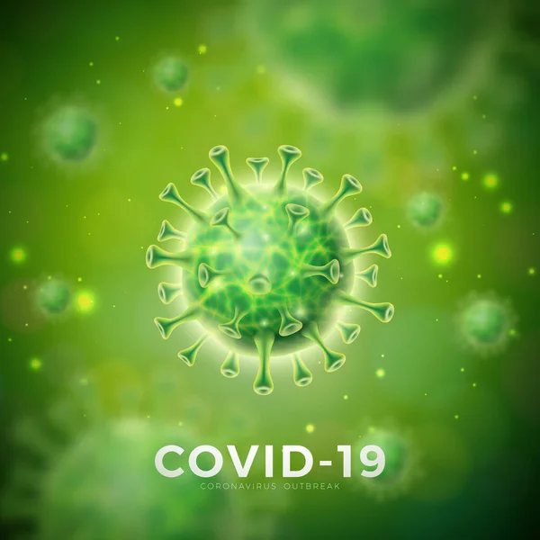 Covid-19. Diseño de Brotes de Coronavirus con Celda Virus en Vista Microscópica sobre Fondo Verde. Plantilla de ilustración vectorial sobre temática epidémica peligrosa de SRAS para banner promocional o volante . — Vector de stock