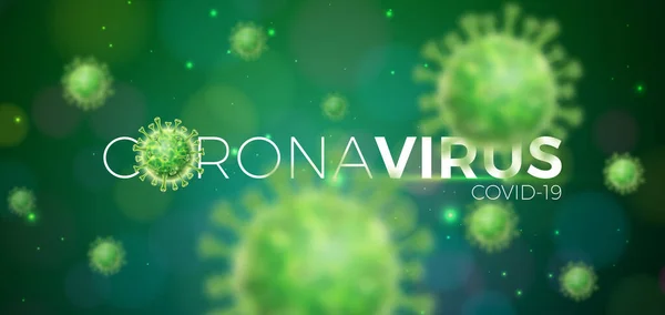 Ковід-19. Coronavirus Outbreak Design with Virus Cell in Microscopic View on Green Background Vector Illustration Template on Dangerous SARS Epidemic Theme for Promotional Banner or Flyer. — стоковий вектор