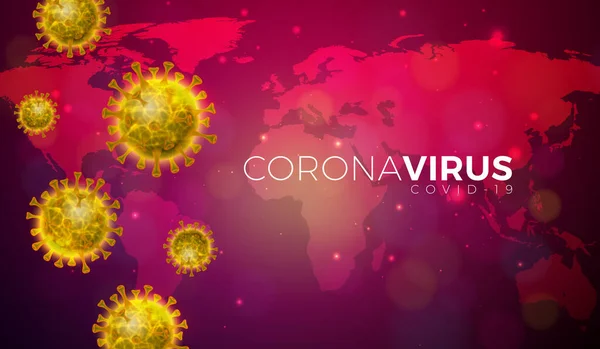 Covid-19. Diseño de Brotes de Coronavirus con Celda Virus en Vista Microscópica en Red World Map Background. Plantilla de ilustración vectorial sobre temática epidémica peligrosa de SRAS para banner promocional o volante . — Archivo Imágenes Vectoriales