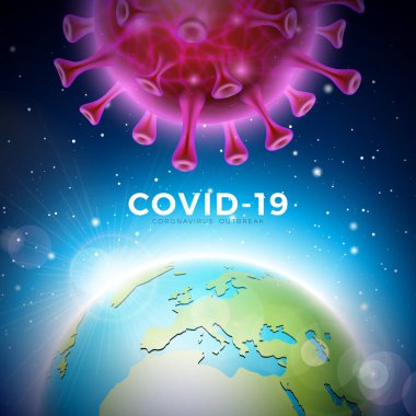 Covid-19. Mavi Arkaplanda Dünya ve Virüs Hücresi olan Coronavirus Salgını Tasarımı. Promosyon Bayrağı veya Flyer için Tehlikeli SARS Salgın Teması Vektör İllüstrasyon Şablonu.