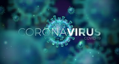 Covid-19. Mavi Arkaplanda Mikroskobik Görünümde Virüs Hücresi ile Coronavirus Salgını Tasarımı. Promosyon Bayrağı veya Flyer için Tehlikeli SARS Salgın Teması Vektör İllüstrasyon Şablonu.