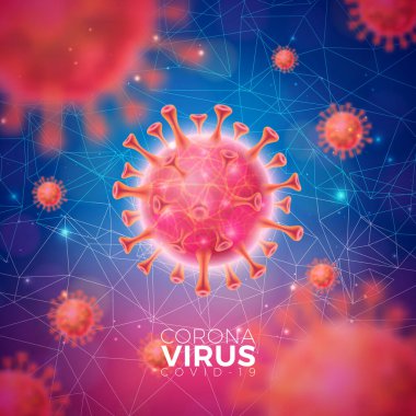 Covid-19. Mavi Arkaplanda Mikroskobik Görünümde Kırmızı Virüs Hücresi ile Coronavirus Salgını Tasarımı. Promosyon Bayrağı veya Flyer için Tehlikeli SARS Salgın Teması Vektör İllüstrasyon Şablonu.
