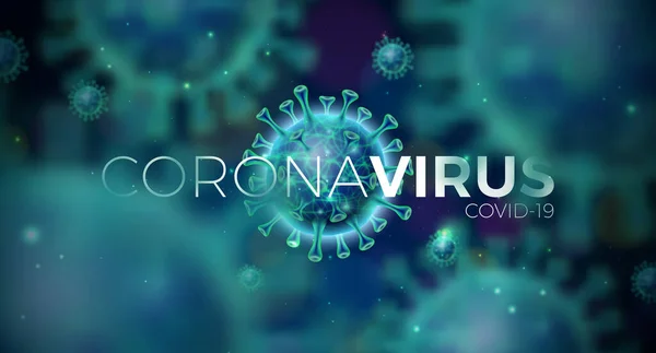 Covid-19. Coronavirus Outbreak Design with Virus Cell in Microscopic View on Blue Background (dalam bahasa Inggris). Templat Vektor Ilustrasi pada Templat Dangerous SARS Tema Epidemik untuk Spanduk Promosi atau Flyer . - Stok Vektor