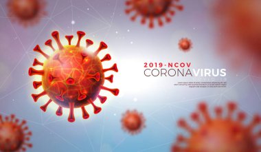 Covid-19. Coronavirus Salgını Tasarımı ve Virüs Hücresi Parlak Işık Arkaplanındaki Mikroskobik Görünüm. Promosyon Sancakları İçin Tehlikeli SARS Salgın Teması 2019-ncov İllüstrasyon Şablonu.