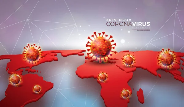 Covid-19. Coronavirus Outbreak Design with Virus Cell in on 3d Red World Map Background. 2019-ncov. Ilustrasi Vektor Epidemik SARS Berbahaya bagi Banner Promosi atau Flyer . - Stok Vektor