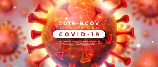 Covid-19. Coronavirus Uitbraak Ontwerp met Viruscel in Microscopische Uitzicht op Glanzend Licht Achtergrond. Vector 2019-ncov Corona Virus Illustratie op Gevaarlijke SARS Epidemisch Thema voor Promotionele Banner. — Stockvector