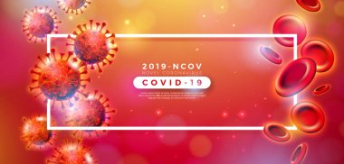 Covid-19. Parlak Kırmızı Arkaplan 'da mikroskobik görüntüde Virüs ve Kan Hücresi ile Coronavirus Salgını Tasarımı. Vektör 2019-ncov Corona Virüs Sancak İçin Tehlikeli SARS Salgın Teması.