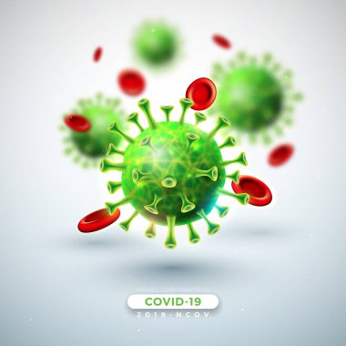 Covid-19. Coronavirus Salgını Tasarımı Düşen Virüs ve Kan Hücresi Işık Arkaplanda Mikroskobik Görüş 'te. Vektör 2019-ncov Corona Virüs Sancak İçin Tehlikeli SARS Salgın Teması.