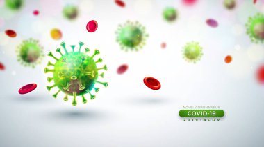 Covid-19. Coronavirus Salgını Tasarımı Düşen Virüs ve Kan Hücresi Işık Arkaplanda Mikroskobik Görüş 'te. Vektör 2019-ncov Corona Virüs Sancak İçin Tehlikeli SARS Salgın Teması.