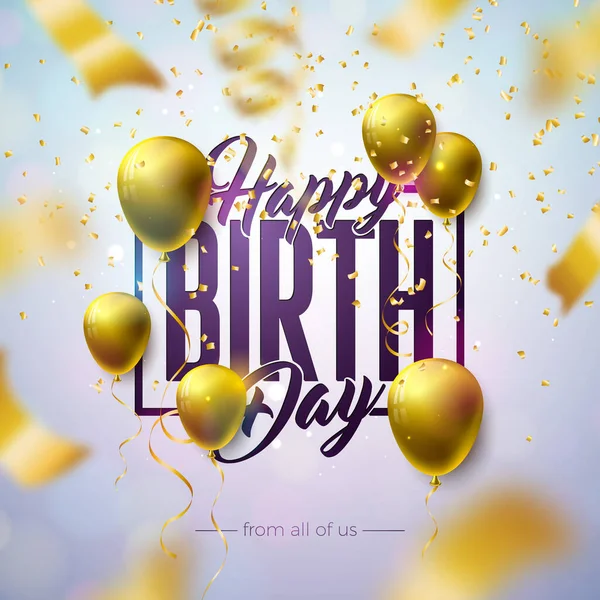 Happy Birthday Design mit Luftballon, Typografie-Brief und fallendem Konfetti auf hellem Hintergrund. Vector Illustration Template für Geburtstagsfeier. Grußkarten oder Parteiplakate. — Stockvektor