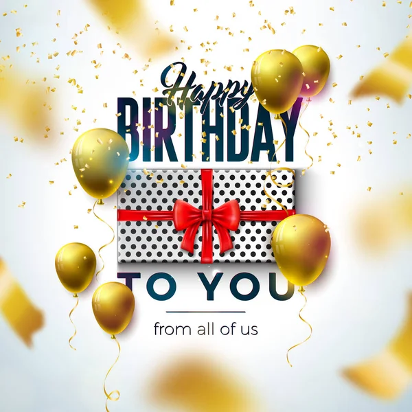 Happy Birthday Design mit Luftballon, Geschenkbox und fallendem Konfetti auf hellem Hintergrund. Vector Illustration Template für Geburtstagsfeier. Grußkarten oder Parteiplakate. — Stockvektor