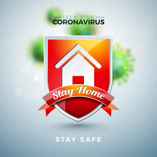 Tetaplah di rumah. Stop Desain Coronavirus dengan Covid-19 Virus dan Shield on Light Background. Ilustrasi Wabah Virus Corona Vektor 2019-ncov pada Dangerous SARS Tema Epidemik untuk Banner. - Stok Vektor