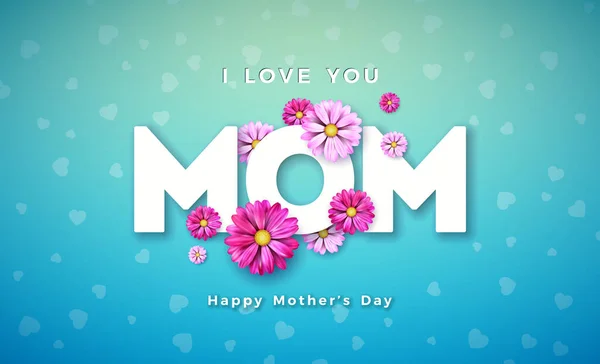 Happy Mothers Day disegno biglietto di auguri con lettera di fiori e tipografia su sfondo blu. Modello di illustrazione della celebrazione vettoriale per banner, volantino, invito, brochure, poster . — Vettoriale Stock