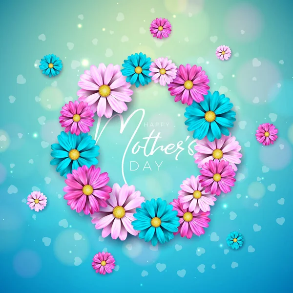 Šťastný Den matek blahopřání Design s květinami a typografie dopis na modrém pozadí. Šablona Vektorové oslavy pro nápis, leták, pozvánku, brožuru, plakát. — Stockový vektor
