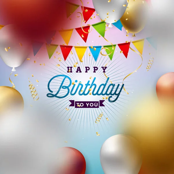 Happy Birthday Vector Design mit Luftballon, Typografie und fallendem Konfetti auf weißem Hintergrund. Illustration zur Geburtstagsfeier. Grußkarten oder Parteiplakate. — Stockvektor