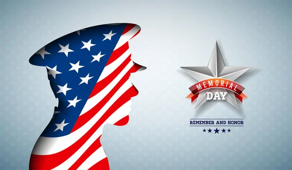 Memorial Day of the USA Vector Illustration (en inglés). Diseño de Celebración Nacional Americana con Bandera en Silueta de Soldado Patriótico en Fondo de Patrón de Estrella Ligera para Banner, Tarjeta de Saludo o Cartel de Vacaciones — Vector de stock