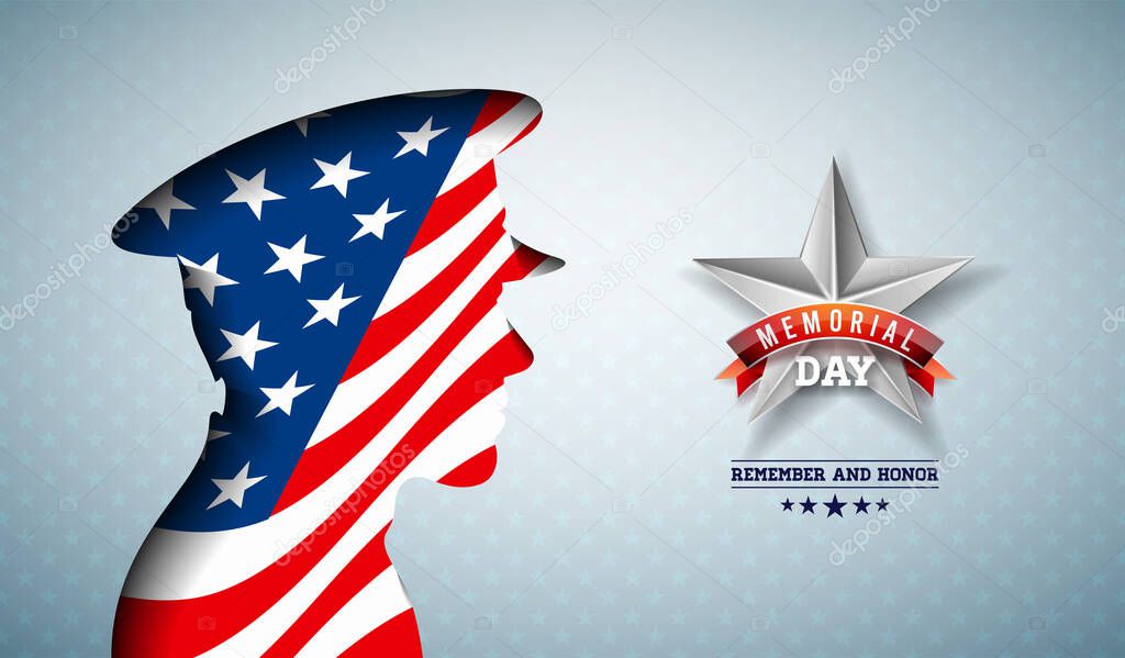 Memorial Day of the USA Vector Illustration. American National Celebration Design with Flag in Patriotic Soldier Silhouette on Light Star Pattern Background for Banner, Greeting Card or Holiday Poster