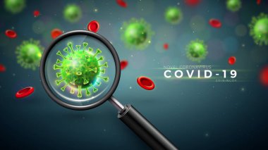 Covid-19. Virüs, Kan Hücresi ve Mikroskobik Görünümlü Büyüteç Virüsü Salgını Tasarımı Karanlık Arkaplanda. Vektör 2019-ncov Corona Virüs İllüstrasyonu Tehlikeli SARS Salgın Teması