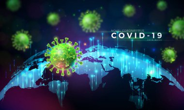 Covid-19. Dünya Haritası Arkaplanı 'nda mikroskobik görüntüde Virüs Hücresi ile Coronavirus Salgını Tasarımı. Vektör 2019-ncov Corona Virüs Sancak İçin Tehlikeli SARS Salgın Teması.