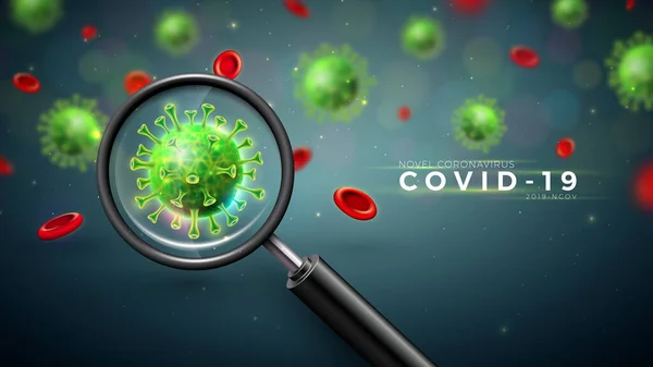 Covid-19. Coronavirus Outbreak Design met Virus, Bloedcel en vergrootglas in microscopisch zicht op donkere achtergrond. Vector 2019-ncov Corona Virus Illustratie op gevaarlijk SARS Epidemisch thema — Stockvector