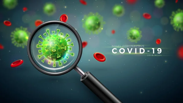 Covid-19. Virüs, Kan Hücresi ve Mikroskobik Görünümlü Büyüteç Virüsü Salgını Tasarımı Karanlık Arkaplanda. Vektör 2019-ncov Corona Virüs İllüstrasyonu Tehlikeli SARS Salgın Teması