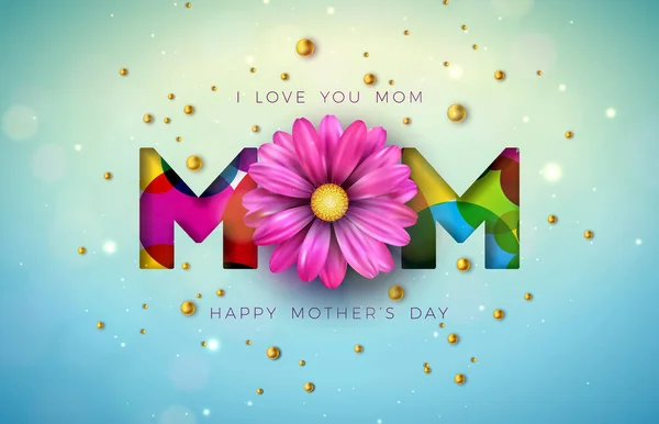 Ich liebe dich, Mom. Happy Mothers Day Grußkarte Design mit Blumen und Perlen auf blauem Hintergrund. Vektorfeier Illustrationsvorlage für Banner, Flyer, Einladung, Broschüre, Plakat. — Stockvektor