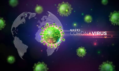 Covid-19. Dünya Haritası Arkaplanı 'nda mikroskobik görüntüde Virüs Hücresi ile Coronavirus Salgını Tasarımı. Vektör 2019-ncov Corona Virüs Sancak İçin Tehlikeli SARS Salgın Teması.