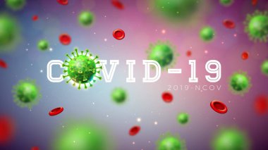 Covid-19. Yeşil Arkaplanda mikroskobik görüntüde Virüs Hücresi ile Coronavirus Salgını Tasarımı. Promosyon Bayrağı veya Flyer için Tehlikeli SARS Salgın Teması Vektör İllüstrasyon Şablonu.