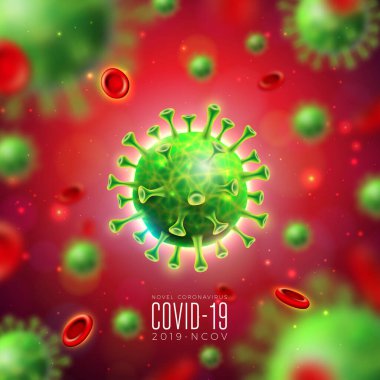 Covid-19. Kırmızı Arkaplanda Mikroskobik Görünümde Virüs ve Kan Hücresi ile Coronavirüs Salgını Tasarımı. Vektör 2019-ncov Corona Virüs Sancak İçin Tehlikeli SARS Salgın Teması.