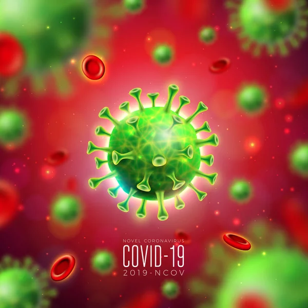 Covid-19. Coronavirus uitbraak ontwerp met virus en bloedcel in microscopische weergave op rode achtergrond. Vector 2019-ncov Corona Virus Illustratie op Gevaarlijke SARS Epidemisch Thema voor Banner. — Stockvector