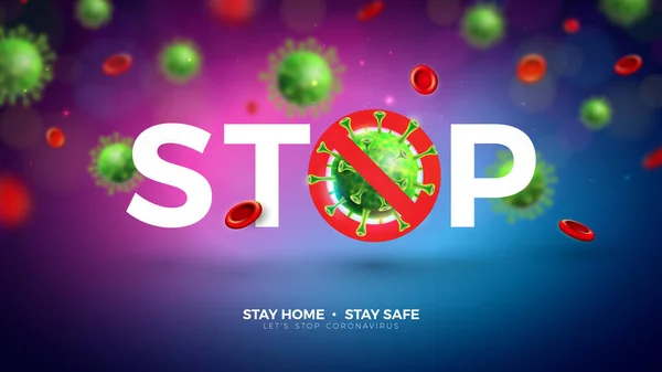 Zostań w domu. Stop Coronavirus Design z Falling Covid-19 komórki wirusa na tle światła. Wektor 2019-ncov Ilustracja epidemii wirusa korony. Uważaj na siebie, umyj ręce i dystansuj się. — Wektor stockowy