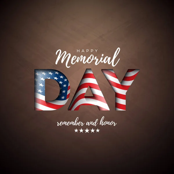 Memorial Day of the USA Vector Design Template with American Flag in Cutout Letter on Brown Board Background. Ilustração nacional da celebração patriótica para a bandeira, cartão da saudação, convite ou cartaz — Vetor de Stock