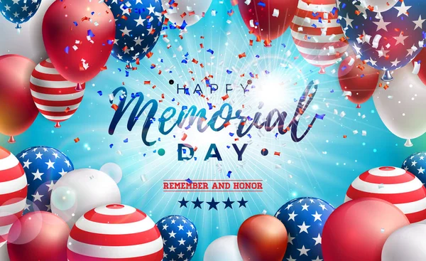 Memorial Day of the USA Vector Design Template with American Flag Air Balloon and Falling Confetti on Shiny Blue Background (em inglês). Ilustração Nacional de Celebração Patriótica para Banner ou Cartão de Saudação —  Vetores de Stock